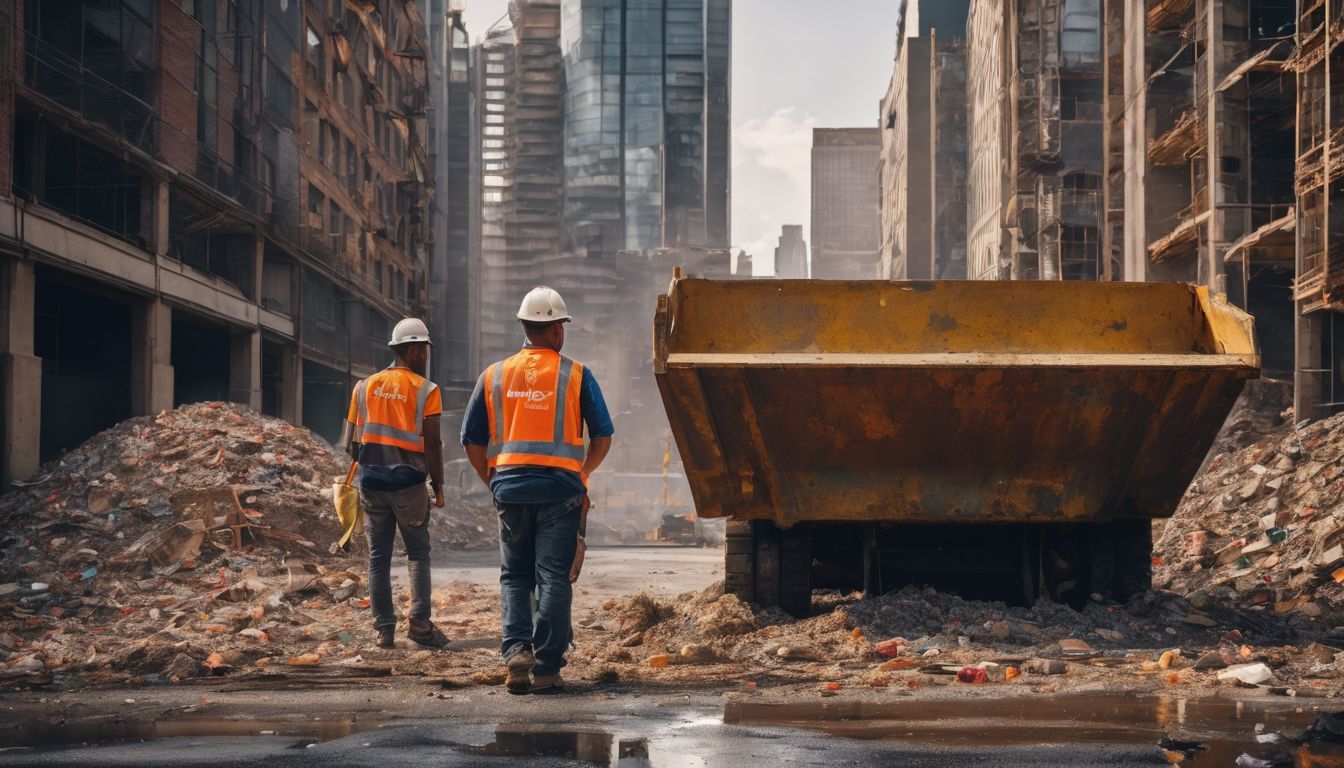 Construction worker with skip filled with debris in bustling cityscape.